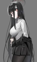 Rule 34 | 1girl, absurdres, black hair, black jacket, black pantyhose, black skirt, blazer, blue archive, blunt bangs, blush, breasts, educk, grey background, halo, highres, jacket, jacket partially removed, large breasts, long hair, looking at viewer, pantyhose, pleated skirt, profile, red eyes, ribbed sweater, rio (blue archive), sideways glance, simple background, skirt, solo, straight hair, sweater, taut sweater, turtleneck, turtleneck sweater, very long hair, white sweater