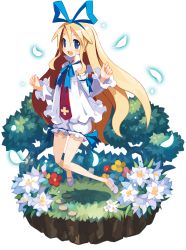 Rule 34 | 1girl, alpha transparency, blonde hair, blue bow, bow, disgaea, faux figurine, flonne, flower, full body, grass, hair bow, harada takehito, jumping, long hair, makai wars, official art, smile, solo, transparent background