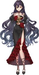 Rule 34 | 1girl, artist request, bare shoulders, black dress, black footwear, breasts, cleavage, collarbone, detached sleeves, dress, full body, hair between eyes, hair ornament, high heels, large breasts, long hair, looking at viewer, official art, oshiro project:re, oshiro project:re, purple hair, smile, solo, toledo (oshiro project), transparent background, very long hair, wavy hair, yellow eyes
