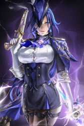 Rule 34 | 1girl, absurdres, antique firearm, artist name, ascot, black corset, black pantyhose, black skirt, blue ascot, blue cape, blue hair, blue hat, breasts, button gap, cape, clorinde (genshin impact), corset, dark blue hair, drop earrings, earrings, elbow gloves, electricity, epaulettes, firearm, fold-over gloves, framed breasts, genshin impact, gloves, gun, hat, hat feather, high-waist skirt, highres, holding, holding gun, holding sword, holding weapon, jewelry, large breasts, lips, long hair, looking to the side, low ponytail, pantyhose, pencil skirt, purple eyes, shirt, skirt, solo, sword, taut clothes, taut shirt, thigh strap, tricorne, very long hair, vision (genshin impact), weapon, white gloves, white shirt, wtparadise