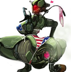 Rule 34 | 1girl, american flag bikini, android, assaultron, bikini, body writing, condom, cum, dripping, fallout (series), fallout 4, flag print, heart, looking at viewer, looking back, robot, squatting, swimsuit, used condom, white background, xelvy