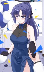 Rule 34 | 1girl, 1other, absurdres, black gloves, blue archive, blush, breasts, cleavage, collarbone, cowboy shot, dress, gloves, halo, highres, indoors, kyujuukyu, large breasts, long hair, mechanical halo, open mouth, purple dress, purple eyes, purple hair, sleeveless, sleeveless dress, smile, solo focus, yuuka (blue archive)
