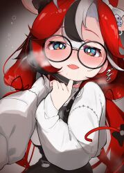 Rule 34 | 1girl, black hair, blue eyes, blush, breath, burusuka (burusuka2525), commentary, dice hair ornament, glasses, hair between eyes, hair ornament, hakos baelz, hakos baelz (4th costume), highres, hololive, hololive english, long sleeves, looking at viewer, mouse girl, mouse tail, multicolored hair, official alternate costume, open mouth, red hair, round eyewear, sharp teeth, shirt, solo, streaked hair, symbol-only commentary, tail, teeth, upper body, virtual youtuber, white hair, white shirt
