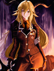 Rule 34 | 1girl, absurdres, ahoge, animal ear fluff, animal ears, arknights, arm strap, armband, armor, asymmetrical sidelocks, belt, belt buckle, black gloves, black necktie, blonde hair, breast pocket, breasts, brown belt, brown jacket, brown pants, buckle, buttons, chinese commentary, collared shirt, commentary request, contrapposto, cowboy shot, crossed bangs, crosshatching, dark, degenbrecher (arknights), double-parted bangs, dress shirt, epaulettes, eyelashes, film grain, gloves, goat ears, goat girl, goat horns, hair between eyes, hair flowing over, hallway, hatching (texture), high collar, highres, holding, holding sword, holding weapon, horns, indoors, insignia, jacket, lapels, light particles, light smile, long bangs, long hair, long sleeves, looking at viewer, medal, medium breasts, military, military jacket, military uniform, necktie, notched lapels, orange shirt, pants, parted lips, pauldrons, pocket, print armband, shadow, shirt, shoulder armor, shoulder pads, sidelighting, sidelocks, single epaulette, single pauldron, solo, standing, straight-on, suiryuu (18559651), sword, teeth, uniform, very long hair, weapon, white armband, wing collar, yellow eyes