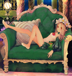 Rule 34 | 1693193543, 1girl, blonde hair, braid, couch, fairy, fairy wings, flower, frog, hair flower, hair ornament, highres, mercedes (odin sphere), odin sphere, on couch, pointy ears, red eyes, solo, twin braids, wings