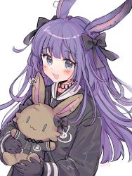 Rule 34 | 1girl, animal ears, arknights, black bow, black gloves, black shirt, bow, ear piercing, gloves, grey eyes, hair bow, highres, holding, holding stuffed toy, long hair, long sleeves, meng xue necky, piercing, purple hair, rabbit ears, rope (arknights), sailor collar, shirt, simple background, solo, stuffed animal, stuffed rabbit, stuffed toy, upper body, very long hair, white background, white sailor collar