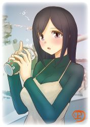 Rule 34 | 1girl, artist logo, beige dress, black hair, can, commentary request, drunk, green eyes, green sweater, kantai collection, long hair, looking at viewer, mushi mushi ex, official alternate costume, solo, souryuu (kancolle), squeans, strong zero, sweater, turtleneck, upper body