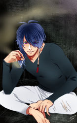 Rule 34 | 1boy, arisugawa dice, barefoot, blue hair, cigarette, hair ornament, highres, hypnosis mic, crossed legs, long hair, purple eyes, sitting, smoking