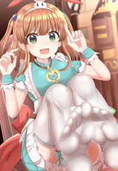 Rule 34 | 1girl, absurdres, animal ears, arms up, back bow, blurry, blurry background, blush, bow, breasts, brown hair, commentary request, dress, fake animal ears, feet, green dress, green eyes, hair between eyes, hair ornament, hairband, highres, index finger raised, jewelry, knees up, looking at viewer, masa masa, medium breasts, medium hair, necklace, open mouth, princess connect!, rabbit ears, red bow, rino (princess connect!), rino (wonderland) (princess connect!), short sleeves, sidelocks, sitting, solo, thighhighs, two side up, white thighhighs, wrist cuffs