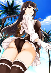 Rule 34 | 10s, 1girl, ass, black eyes, black hair, black panties, black thighhighs, blush, breasts, day, frilled thighhighs, frills, from behind, from below, gloves, goggles, goggles on head, gradient background, granblue fantasy, gustav (telomere na), jessica (granblue fantasy), long hair, looking at viewer, outdoors, panties, skirt, smile, solo, thighhighs, underwear, upskirt, white gloves