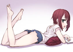 Rule 34 | 10s, 1girl, bad id, bare legs, barefoot, book, brown hair, casual, feet, green eyes, kosaka yukiho, legs up, looking at viewer, love live!, love live! school idol project, lying, matsuryuu, on stomach, open book, open mouth, pillow, profile, short hair, short shorts, shorts, sketch, solo, toes