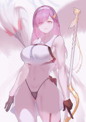 Rule 34 | 1girl, absurdres, belt, belt pouch, bird, breasts, chest harness, dress, garter straps, gloves, hairband, harness, highleg, highleg panties, highres, holding, holding staff, jin rou, large breasts, long hair, looking at viewer, micro panties, midriff, novel illustration, official art, original, panties, pink eyes, pink hair, pouch, sleeveless, sleeveless dress, smug, staff, standing, thighhighs, thighs, underwear, white thighhighs, x-ray