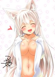 Rule 34 | 1girl, :d, ^ ^, animal ear fluff, animal ears, arms at sides, artist name, blush, breasts, cleavage, closed eyes, collarbone, collared shirt, dress shirt, facing viewer, fang, floral background, fox ears, fox girl, fox tail, hands on own chest, heart, hip focus, kohaku (yua), large breasts, long hair, naked shirt, navel, open mouth, original, shiny skin, shirt, signature, smile, solo, tail, thick eyebrows, upper body, very long hair, white background, white hair, white shirt, yua (checkmate)