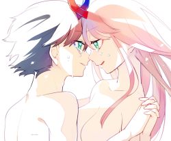 Rule 34 | 10s, 1boy, 1girl, bad id, bad twitter id, black hair, blue eyes, blue horns, breasts, couple, crying, crying with eyes open, darling in the franxx, face-to-face, facing another, forehead-to-forehead, green eyes, heads together, hetero, hiro (darling in the franxx), holding hands, horns, interlocked fingers, long hair, looking at another, medium breasts, o0str0o, oni horns, pink hair, red horns, short hair, signature, spoilers, tears, topless male, zero two (darling in the franxx)