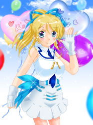 Rule 34 | 1girl, aqua bow, aqua ribbon, artist name, artist request, ayase eli, back bow, back ribbon, balloon, bare shoulders, blonde hair, blue eyes, blue necktie, blue sky, blush, bow, breasts, cloud, collared shirt, cropped vest, day, dress shirt, earrings, feather hair ornament, feathers, female focus, fingerless gloves, frilled skirt, frills, gloves, hair between eyes, hair ornament, hair ribbon, hand wave, heart balloon, high ponytail, highres, jewelry, layered skirt, long hair, looking at viewer, love live!, love live! school idol festival, love live! school idol project, medium breasts, miniskirt, necktie, outdoors, parted lips, plaid, plaid skirt, pleated, pleated skirt, ponytail, ribbon, sailor collar, shirt, short hair, skirt, sky, sleeveless, sleeveless shirt, smile, solo, sparkle, suspender skirt, suspenders, swept bangs, vest, white feathers, white gloves, white sailor collar, white shirt, white skirt, wing collar, wonderful rush