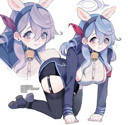 Rule 34 | 1girl, absurdres, ako (blue archive), all fours, animal ears, bell, black jacket, black thighhighs, blue archive, blue eyes, blue hair, blue hairband, blush, breasts, dress shirt, flying sweatdrops, hair ribbon, hairband, highres, jacket, large breasts, long hair, long sleeves, meijio3, multiple views, neck bell, open clothes, open jacket, rabbit ears, rabbit tail, red ribbon, ribbon, shirt, shoes, sweatdrop, tail, thigh strap, thighhighs, zoom layer