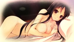 Rule 34 | 1girl, ass, bed sheet, black hair, blush, breasts, brown eyes, collarbone, daikan&#039;yama ebisu, large breasts, long hair, looking at viewer, lying, nude, offline shoujo, on side, ousaki rikka, panties, pillow, smile, solo, striped clothes, striped panties, underwear