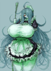 Rule 34 | 1girl, 2b-ge, ahoge, apron, bags under eyes, black dress, blush, breasts, broom, cowboy shot, dress, expressionless, female focus, green theme, grey background, hair over one eye, head tilt, highres, holding, holding broom, huge breasts, limited palette, long hair, looking at viewer, maid, maid apron, maid headdress, mei (2b-ge), messy hair, original, solo, spot color, standing, taut clothes, taut dress