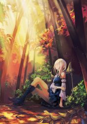 Rule 34 | 1girl, autumn leaves, boots, detached sleeves, dress, highres, jinying, leaf, pixiv fantasia, pixiv fantasia fallen kings, short hair, silver hair, sleeping, solo, sunset, thighs, tree