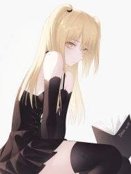 Rule 34 | 1girl, absurdres, amane misa, black gloves, black shirt, black skirt, black thighhighs, blonde hair, breasts, closed mouth, copyright name, death note, elbow gloves, from side, geagmin915, gloves, highres, long hair, looking at viewer, miniskirt, pleated skirt, shirt, simple background, single thighhigh, skirt, sleeveless, sleeveless shirt, small breasts, solo, spaghetti strap, thighhighs, twintails, white background, yellow eyes, zettai ryouiki