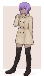 Rule 34 | 1girl, black footwear, black thighhighs, blush, boots, brown background, brown coat, closed mouth, coat, dark-skinned female, dark skin, fate/prototype, fate/prototype: fragments of blue and silver, fate (series), full body, hair between eyes, hand up, hassan of serenity (fate), highres, i.u.y, long sleeves, purple eyes, purple hair, sidelocks, sleeves past wrists, solo, standing, thigh boots, thighhighs, two-tone background, white background