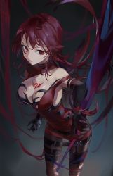 Rule 34 | 1girl, absurdres, asymmetrical clothes, black gloves, black pantyhose, bloody queen (elsword), breasts, cleavage, dress, elbow gloves, elesis (elsword), elsword, floating hair, gloves, grey background, highres, holding, holding weapon, leaning forward, long hair, looking at viewer, medium breasts, pantyhose, r aeel, red dress, red eyes, red hair, short dress, sideboob, solo, standing, straight hair, very long hair, weapon