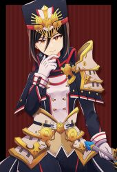 Rule 34 | 1girl, black border, black hair, black headwear, black jacket, black pants, border, brown eyes, closed mouth, commentary request, dlllll lllllb, gloves, hair between eyes, highres, holding, jacket, long sleeves, looking at viewer, morag ladair (xenoblade), pants, smile, solo, striped background, white gloves, xenoblade chronicles (series), xenoblade chronicles 2