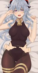 Rule 34 | @ @, absurdres, altruwishm, bed, bed sheet, bell, black legwear, blue hair, blush, bodystocking, breasts, covered navel, curled horns, disembodied hand, embarrassed, ganyu (genshin impact), genshin impact, highres, horns, leotard, leotard under clothes, long hair, looking at viewer, medium breasts, neck bell, no gloves, open mouth, purple eyes, sidelocks, sleeveless, sweatdrop, thigh gap, thighlet, torso grab, very long hair