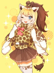Rule 34 | 1girl, animal ears, animal print, blue eyes, blush, bow, brown skirt, eyelashes, giraffe ears, giraffe girl, giraffe horns, giraffe print, giraffe tail, highres, horns, kemono friends, nail polish, one eye closed, open mouth, pleated skirt, ponytail, red bow, red nails, rothschild&#039;s giraffe (kemono friends), skirt, solo, spotted tail, standing, suicchonsuisui, tail, thighhighs, v, white thighhighs, yellow background, zettai ryouiki