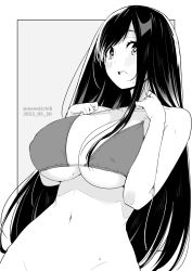 Rule 34 | 1girl, bikini, bikini top only, blush, breasts, commentary request, dated, grey background, greyscale, groin, highres, kichihachi, large breasts, long hair, looking at viewer, monochrome, navel, open mouth, original, out-of-frame censoring, solo, stomach, swimsuit, twitter username, two-tone background, white background