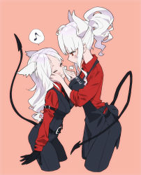 Rule 34 | 2girls, animal ears, apron, arm garter, belt, black apron, black gloves, black suit, black tail, blush, breasts, cerberus (helltaker), closed eyes, clothes writing, commentary request, demon girl, demon horns, demon tail, dog ears, fang, food, food on face, formal, from side, gloves, helltaker, highres, horns, large breasts, long hair, long sleeves, looking at another, lucifer (helltaker), mole, mole under eye, multiple girls, musical note, neckwear request, ouma bunshichirou, pants, pink background, ponytail, red shirt, shirt, simple background, smile, spoken musical note, suit, tail, waistcoat, white hair, white horns, wiping face