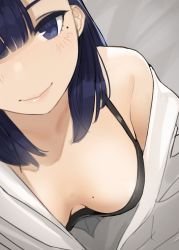 Rule 34 | 1girl, black bra, blue eyes, blunt bangs, blush, bra, breasts, breasts apart, cleavage, close-up, closed mouth, from above, hair between eyes, highres, light blush, lips, looking at viewer, looking up, medium breasts, medium hair, miru tights, mole, mole on breast, mole under eye, nakabeni yua, nakitsubuan, no nose, off shoulder, shirt, single bare shoulder, smile, solo, underwear, white shirt