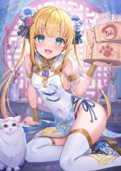 Rule 34 | 1girl, akabane (zebrasmise), arm support, armlet, bamboo steamer, bare shoulders, blonde hair, blue eyes, bracelet, breasts, bun cover, cat, china dress, chinese clothes, covered navel, double bun, dress, gold trim, hair bun, highres, jewelry, long hair, looking at viewer, mononobe alice, nijisanji, open mouth, pelvic curtain, shoes, side-tie peek, sleeveless, sleeveless dress, small breasts, smile, solo, thighhighs, thighs, twintails, very long hair, virtual youtuber, white cat, white dress, white footwear, white thighhighs
