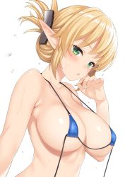 Rule 34 | 1girl, aegis (takunomi), bare arms, bare shoulders, bikini, blonde hair, blue bikini, blush, breasts, cleavage, collarbone, commentary request, elf, folded ponytail, green eyes, hair ornament, hairclip, halterneck, halterneck, hand up, highres, large breasts, long hair, looking at viewer, micro bikini, original, parted lips, pointy ears, sidelocks, simple background, solo, strap gap, sweat, swimsuit, takunomi, upper body, water, white background
