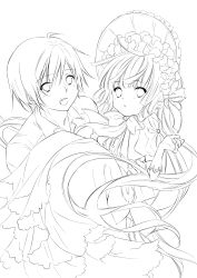 Rule 34 | 1boy, 1girl, absurdres, amano sakuya, bonnet, carrying, chin strap, dress, frills, gloves, gosick, gothic lolita, greyscale, hairband, highres, kujou kazuya, lineart, lolita fashion, long hair, looking at viewer, monochrome, open mouth, parted lips, princess carry, ribbon, short hair, simple background, transparent background, very long hair, victorica de blois
