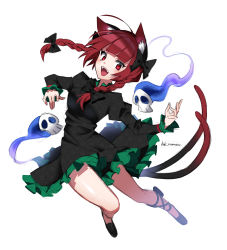Rule 34 | 1girl, :d, absurdres, ahoge, animal ears, artist name, black bow, black footwear, bow, braid, cat ears, cat tail, dress, extra ears, fang, floating, floating skull, full body, grey background, hair bow, highres, kaenbyou rin, kamenozoki momomo, leg ribbon, legs, long sleeves, looking at viewer, multiple tails, one-hour drawing challenge, open mouth, red eyes, red hair, ribbon, shoes, simple background, skull, slit pupils, smile, solo, tail, touhou, tsurime, twin braids, two tails, white background