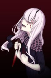 Rule 34 | 1girl, blood, blood on clothes, blood on face, bloody weapon, bow, dark, dress, dyun, fate/grand order, fate (series), gradient background, hair bow, highres, holding, holding knife, horns, knife, lavinia whateley (fate), long hair, looking at viewer, open mouth, pale skin, pink eyes, pink hair, red background, reverse grip, single horn, solo, weapon, wide-eyed
