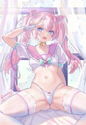 Rule 34 | + +, 1girl, :3, :d, artist name, ass, bell, blue choker, blue eyes, bow, bow panties, breasts, cameltoe, canniny, chibidoki (vtuber), choker, cone hair bun, crop top, demon girl, demon horns, demon tail, double bun, fang, fingerless gloves, gloves, hair bun, highleg, highleg panties, highres, horns, indie virtual youtuber, long hair, looking at viewer, navel, neck bell, open mouth, panties, pink hair, pink sailor collar, sailor collar, shirt, short eyebrows, short sleeves, sitting, small breasts, smile, solo, spread legs, stomach, tail, thighhighs, thighs, thong, twintails, underwear, v over eye, virtual youtuber, white gloves, white panties, white shirt, white thighhighs