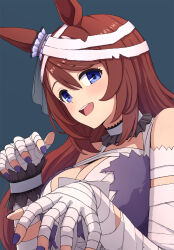 Rule 34 | 1girl, animal ears, bandages, bare shoulders, blue background, blue eyes, breasts, brown hair, cleavage, dress, ear ornament, hair between eyes, highres, horse ears, horse girl, large breasts, looking at viewer, nail polish, official alternate costume, open mouth, purple dress, purple nails, simple background, solo, super creek (chiffon ribbon mummy) (umamusume), super creek (umamusume), teeth, umamusume, upper teeth only, yahiro (epicopeiidae)