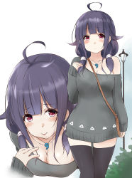 Rule 34 | 10s, 1girl, :p, absurdres, ahoge, alternate costume, bag, black hair, black thighhighs, breasts, casual, cleavage, dress, hair flaps, handbag, highres, kantai collection, lamppost, long hair, looking at viewer, magatama, purple eyes, saku (kudrove), solo, sweater, sweater dress, taigei (kancolle), thighhighs, tongue, tongue out, zettai ryouiki, zoom layer