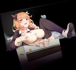 Rule 34 | 1girl, black thighhighs, boots, breasts, brown cardigan, buttons, cardigan, chinese commentary, commentary request, cookie (touhou), fairyfloss, foot out of frame, heater, highres, horns, ibuki suika, impossible cardigan, impossible clothes, indie virtual youtuber, large breasts, long hair, long sleeves, open mouth, orange hair, red eyes, solo, striped clothes, striped thighhighs, thighhighs, touhou, virtual youtuber, white footwear, yamin (cookie)