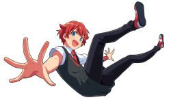Rule 34 | 1boy, :d, asada hachi, black pants, black sweater vest, blue eyes, collared shirt, commentary request, gridman universe, happy, hibiki yuuta, looking at viewer, male focus, multicolored footwear, necktie, open mouth, outstretched arms, pants, reaching, reaching towards viewer, red footwear, red hair, red necktie, school uniform, shirt, short hair, simple background, smile, solo, ssss.gridman, sweater vest, white background, white shirt