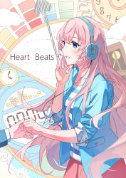 Rule 34 | 1girl, 6o2 (rokumaruni), absurdres, blue eyes, blue hairband, blue jacket, blush, collarbone, floating hair, hair between eyes, hairband, headphones, highres, holding hands, jacket, long hair, megurine luka, open clothes, open jacket, open mouth, pink hair, pink skirt, shirt, skirt, sleeves rolled up, solo focus, striped clothes, striped shirt, very long hair, vocaloid