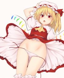 Rule 34 | 1girl, :o, arm up, ascot, blonde hair, bloomers, bloomers pull, blush, bow, breasts, commentary request, cowboy shot, crystal, dutch angle, fangs, flandre scarlet, frilled shirt collar, frills, from below, gluteal fold, grey background, groin, hair between eyes, hair tie, hand on headwear, hat, hat ribbon, highres, long hair, looking at viewer, miyo (ranthath), mob cap, navel, one side up, panties, petticoat, puffy short sleeves, puffy sleeves, red eyes, red ribbon, red skirt, red vest, ribbon, shirt, short sleeves, side-tie panties, simple background, skirt, skirt set, small breasts, solo, standing, stomach, thighs, touhou, underwear, untied panties, vest, white bloomers, white hat, white panties, white shirt, wings, wristband, yellow ascot