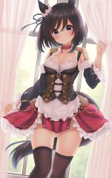 Rule 34 | 1girl, animal ears, black corset, black hair, black sleeves, black thighhighs, blue eyes, blush, breasts, cleavage cutout, clothing cutout, collar, commentary request, corset, curtains, eishin flash (umamusume), feet out of frame, frills, highres, horse ears, horse girl, horse tail, looking at viewer, medium breasts, medium hair, minato ojitan, red collar, shirt, smile, solo, tail, thighhighs, umamusume, white shirt, window