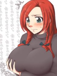 Rule 34 | ^^^, 1girl, blush, braid, grabbing another&#039;s breast, breast hold, breasts, contemporary, grabbing, green eyes, hand on own chest, hong meiling, large breasts, long hair, neko majin, no headwear, no headwear, red hair, ribbon, solo, sweater, touhou, translated, twin braids, wall of text