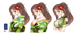 Rule 34 | 10s, 1girl, amagi (kancolle), bare shoulders, breasts, brown eyes, brown hair, camouflage, character name, cleavage cutout, clothing cutout, collarbone, colored eyelashes, commentary request, convenient censoring, crop top, flower, from side, furisode, hair flower, hair ornament, hand on own chest, japanese clothes, kantai collection, kimono, large breasts, light smile, long hair, looking at viewer, midriff, mole, mole under eye, multiple persona, multiple views, off shoulder, ponytail, short sleeves, simple background, sumeragi hamao, upper body, variations