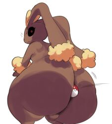 Rule 34 | 1girl, androgynous, animal ear fluff, animal ears, ass, between buttocks, black sclera, body fur, breasts, colored sclera, creatures (company), elchilenito, foreshortening, from behind, furry, game freak, gen 4 pokemon, highres, huge ass, looking back, lopunny, motion lines, nintendo, no humans, poke ball, poke ball (basic), pokemon, pokemon (creature), rabbit ears, rabbit tail, red eyes, slit pupils, small breasts, tail, testicles, trap, wide hips