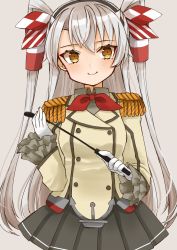 Rule 34 | 1girl, amatsukaze (kancolle), buttons, cocoperino, commentary request, cosplay, cowboy shot, epaulettes, frilled sleeves, frills, gloves, grey background, grey skirt, hair tubes, highres, jacket, kantai collection, kashima (kancolle), kashima (kancolle) (cosplay), long hair, long sleeves, looking at viewer, military, military jacket, military uniform, neckerchief, pleated skirt, red neckerchief, riding crop, silver hair, simple background, skirt, smile, smokestack hair ornament, solo, two side up, uniform, white gloves, white jacket, yellow eyes