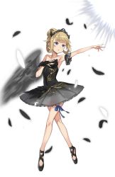 Rule 34 | 1girl, armband, ballet slippers, bare shoulders, black dress, black feathers, black footwear, blue eyes, blue ribbon, breasts, circle skirt, dress, feathers, full body, hair bun, hair rings, hand up, highres, looking at viewer, official art, outstretched arm, plantar flexion, princess (princess principal), princess principal, princess principal game of mission, ribbon, short hair, single hair bun, small breasts, solo, standing, tiara, tiptoes, transparent background, white feathers